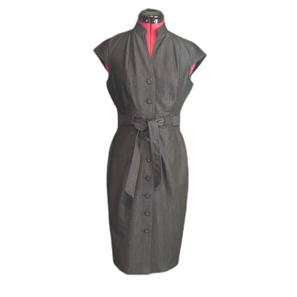 Calvin Klein Navy Sheath Midi Dress Women Size 4 Button Front Belted Cap Sleeve - Picture 1 of 9
